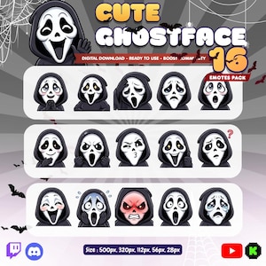 May include: A digital download pack of 16 Ghostface emotes featuring various expressions. The graphic includes the text CUTE GHOSTFACE 16 EMOTES PACK and lists sizes 500px, 320px, 112px, 56px, 28px. The characters wear black hooded robes.