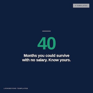 Könnte beinhalten: Eine dunkelblaue digitale Vorlage mit der großen grünen Zahl 40, einer horizontalen Linie und dem weißen Text: 40 Months you could survive with no salary. Know yours. Oben rechts steht 4 TEMPLATES und unten links steht LOOKBEYOND TEMPLATES.