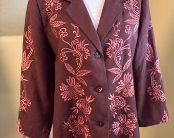 Vintage Victor Costa Occasion Embroidered Linen Blend Blazer Jacket Brown Pink M