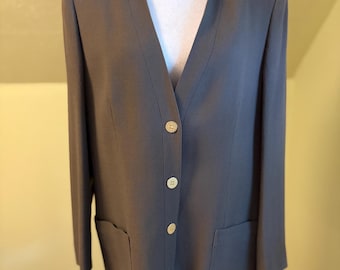 Vintage 1980’s Jaeger Longline Collarless Wool Cupro Lined Blazer Made in Great Britain England