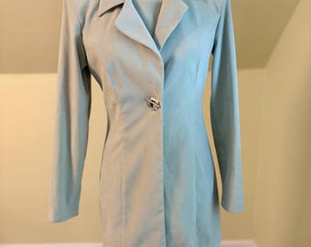 Dawn Joy Vintage 1990’s Mint Green Skirt Suit Set Made In USA Short Skirt Long Jacket Power Suit Size 6