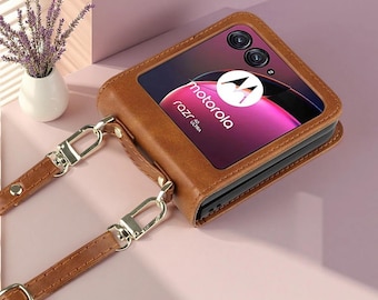 Leather Wallet Case with Card Holder and Lanyard for Motorola Razr Foldable Phones