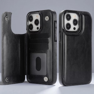 Leather iPhone Wallet Case | Double Button Card Holder Flip Stand Cover