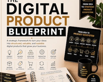 May include: A graphic display titled The Digital Product Blueprint with text outlining a strategic framework. Includes a tablet showing a product ecosystem diagram, a black mug with gold text, a spiral notebook with a hand-drawn diagram, and books.