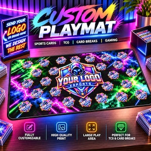 May include: A rectangular gaming playmat featuring a central shield logo with a hooded figure and the text YOUR LOGO ESPORTS, surrounded by smaller repeating shield logos against a vibrant green, blue, and purple lightning background.