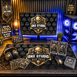 May include: A gaming setup featuring a large desk mat, a computer monitor, and a PC tower, all branded with the SNX Studio logo. The design includes a gold skull emblem, black headphones, a mouse, and several cards, all displaying the SNX Team branding.