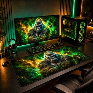 Cosmic Gorilla Mouse Pad - Green Gold Desk Mat, Galaxy Wildlife Gaming Decor