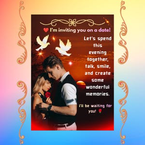 Pode incluir: Um cartão de convite digital com um casal ao pôr do sol, duas pombas brancas e o texto: I'm inviting you on a date! Let's spend this evening together, talk, smile, and create some wonderful memories. I'll be waiting for you!