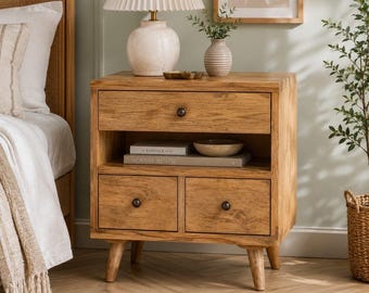 Solid Wood Bedside Table with 3 Drawers & Open Shelf | Modern Oak Nightstand for Bedroom, Mid Century Side Table