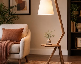 Modern Geometric Walnut Floor Lamp with Shelf, Linen Shade Reading Light