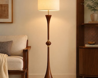 Handcrafted Wooden Floor Lamp with Linen Shade, Walnut Standing Lamp, Mid Century Living Room Lighting