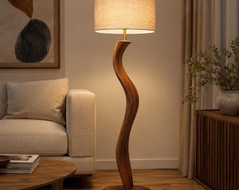 Modern Wooden Floor Lamp with Linen Shade, Sculptural Walnut Standing Lamp, Warm Living Room Lighting