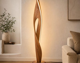 Modern Wooden LED Floor Lamp, Sculptural Walnut Standing Light, Warm Ambient Lamp for Living Room and Bedroom