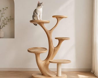 室内飼い猫用天然木製キャットツリー｜サイザル麻の爪とぎポールと多層プラットフォームを備えたモダンな無垢材キャットタワー
