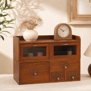 Wooden Desktop Organizer, Retro Pine Office Storage Cabinet with 3 or 6 Drawers