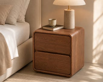 Two-Drawer Nightstand, Leather-Wrapped Pine Wood Bedside Table, Modern Bedroom Storage Cabinet, Fully Assembled