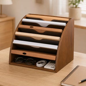 Wooden Desktop File Organizer, Multi-Tier A4 Document Sorter and Office Paper Storage Rack