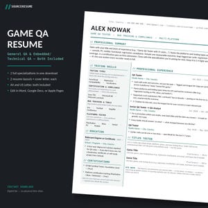 May include: A digital resume template for a Game QA Tester featuring a two-column layout with dark background text on the left and a white document page on the right. The document includes sections for professional summary, testing skills, and experience.