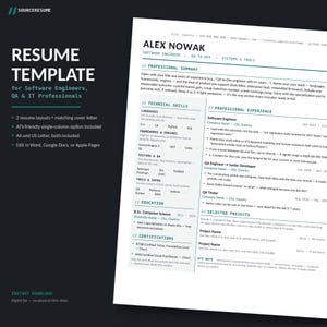 Software Engineer Resume Template + Cover Letter | Developer CV Bundle, 2 Layouts, ATS-Friendly, A4 and US Letter, Word & Google Docs