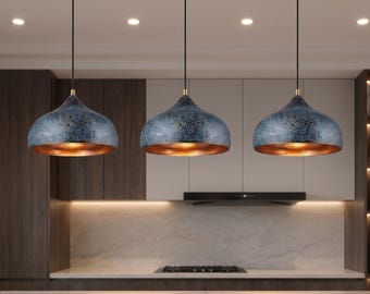 Hand Hammered Copper Pendant Light, Blue Patina Dome Shade, Artisan Farmhouse Kitchen Lighting