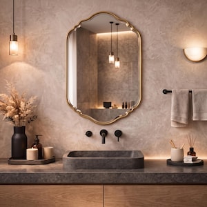 Puede incluir: Un mueble de baño con un lavabo rectangular de piedra gris, un espejo con marco dorado y bordes ondulados, y grifería negra mate. Incluye un jarrón negro con flores secas, un toallero con dos toallas beige y varios artículos de aseo.