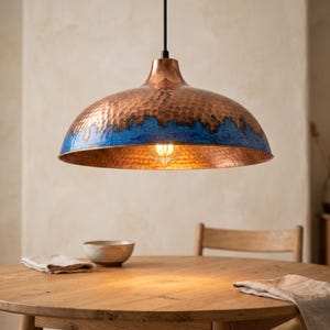 Hand Hammered Copper Dome Pendant Light, Blue Patina, Kitchen Island Fixture, Artisan Lighting