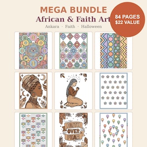 Peut inclure: Un ensemble de livres de coloriage numériques intitulé MEGA BUNDLE African & Faith Art comprenant 84 pages. La collection présente neuf illustrations distinctes avec des motifs Ankara, foi et Halloween, affichées en grille.