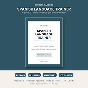 Puede incluir: Un libro de ejercicios digital de entrenamiento en español con 20 lecciones guiadas, 80 páginas de lecciones, vocabulario, gramática y práctica de conversación. La portada muestra el título, 113 páginas, clave de respuestas y compatibilidad.