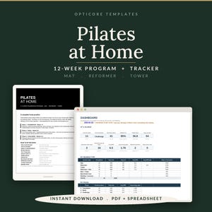 Op de afbeelding: Een digitaal Pilates at Home 12-weken programma en tracker sjabloon. Het document bevat een gedetailleerde gids voor mat-, reformer- en tower-oefeningen, naast een uitgebreid dashboard-spreadsheet voor het bijhouden van sessietypes en voortgang.