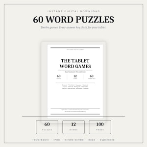 May include: A digital document titled 60 Word Puzzles featuring twelve games and answer keys for tablets. The text includes 60 puzzles, 12 games, 60 answer keys, and a list of game types like crossword, word search, and anagrams for reMarkable and iPad.