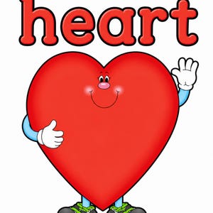 May include: A cartoon illustration of a large red heart character with a smiling face, pink cheeks, and a small nose. The character has light blue arms, white gloves, and black shoes with green laces. The word heart is written in red above it.
