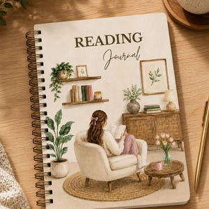Pode incluir: Um diário de leitura com encadernação em espiral e capa cor de creme, apresentando uma ilustração de uma pessoa sentada numa poltrona a ler um livro. A capa inclui o texto READING Journal, prateleiras com plantas e livros, um móvel e uma mesa pequena.