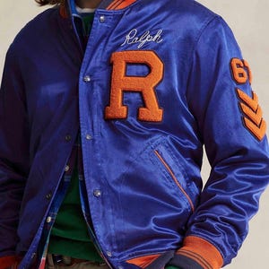 Polo Ralph Lauren Varsity Jacket, Blue Satin Bomber, Orange R Letterman Patch, Embroidered Ralph Script, Snap Button Retro Jacket