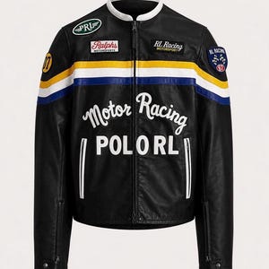 May include: A black leather jacket featuring a white, yellow, and blue horizontal stripe across the chest. The jacket displays white text reading Motor Racing and POLO RL, with various embroidered patches including PRL, Ralphs Motorsports, and RL Racing.