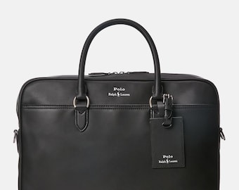 Polo Ralph Lauren Aktentasche, schwarze Leder-Laptoptasche, Herren-Businesstasche, Designer-Arbeitstasche, luxuriöse Bürotasche mit Gepäckanhänger