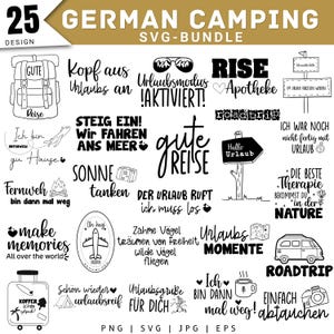 Könnte beinhalten: Eine digitale Sammlung von 25 schwarz-weißen Camping-Grafikdesigns mit deutschen Sprüchen, Illustrationen von Rucksäcken, Flugzeugen, Wegweisern, Wohnmobilen, Kameras und Reisemotiven, zusammengestellt als Bundle für SVG, PNG, JPG und EPS-Dateien.