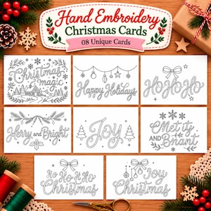 Puede incluir: Un conjunto de ocho tarjetas rectangulares blancas con patrones de bordado a mano en negro con temas navideños, incluyendo textos como Christmas magic, Happy Holidays, HO HO HO, Merry and Bright, Joy y Christmas, decoradas con copos de nieve.