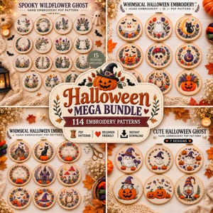 May include: A digital collection of 114 Halloween embroidery PDF patterns titled Halloween Mega Bundle. The image displays multiple circular hoops featuring embroidered designs of ghosts, pumpkins, black cats, owls, and skulls with floral accents.