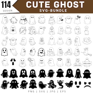 以下が含まれることがあります： CUTE GHOST SVG-BUNDLEとラベル付けされた114種類のゴーストデザインのデジタルコレクション。セットには、リボン、メガネ、カボチャなどのアクセサリーを身につけたゴーストの白黒線画イラストや、黒一色のゴーストのシルエットが含まれています。