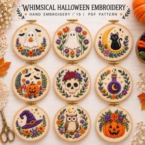 May include: Nine circular wooden embroidery hoops featuring Halloween-themed designs on fabric, including ghosts, a black cat on a crescent moon, a skull, a jack-o'-lantern, a potion bottle, a witch hat, and an owl, with the text WHIMSICAL HALLOWEEN EMBROIDERY.