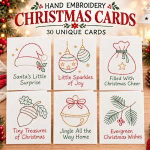 Op de afbeelding: Zes witte wenskaarten met handgeborduurde ontwerpen van een kerstmuts, kerstballen, een cadeauzak, een eikel, een belletje en dennentakken. Elke kaart bevat feestelijke teksten zoals Santa's Little Surprise en Jingle All the Way Home.