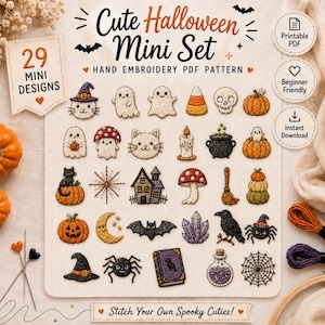 May include: A collection of 29 small Halloween-themed hand embroidery designs on a white background. The set includes ghosts, pumpkins, a witch hat, a spider, a black cat, a haunted house, a skull, a candle, a broom, a raven, and a spiderweb.