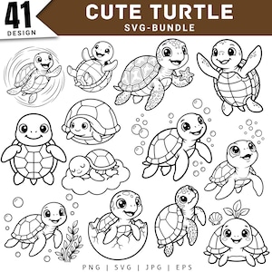 Puede incluir: Una colección digital de 41 ilustraciones de arte lineal en blanco y negro con varias tortugas lindas en diferentes poses, nadando, saliendo de un huevo y descansando sobre una nube, con el texto CUTE TURTLE SVG-BUNDLE PNG SVG JPG EPS.