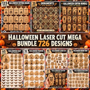 May include: A digital collection of 726 Halloween laser cut designs, including SVG bundles for cutting boards, ornaments, coffins, bats, pumpkins, round signs, and welcome signs, featuring various spooky motifs like skulls, ghosts, and witches.