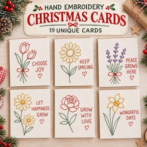 Peut inclure: Un ensemble de six cartes de vœux blanc cassé avec des motifs floraux brodés à la main en fil rouge, jaune, violet et vert. Chaque carte comporte du texte brodé comme CHOOSE JOY, KEEP SMILING, PEACE GROWS HERE, LET HAPPINESS GROW, GROW WITH LOVE et WONDERFUL DAYS.