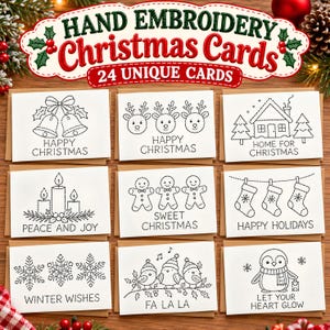 Peut inclure: Un ensemble de 24 cartes de Noël à broder à la main, blanches, avec des motifs noirs cousus représentant des cloches, des rennes, une maison, des bougies, des bonshommes en pain d'épice, des chaussettes, des flocons, des oiseaux et un pingouin.