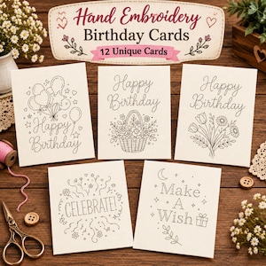 Op de afbeelding: Een set van vijf off-white wenskaarten met zwarte borduurstijl lijntekeningen. De kaarten tonen teksten zoals Happy Birthday, Celebrate en Make A Wish, vergezeld door illustraties van ballonnen, bloemen en sterren.