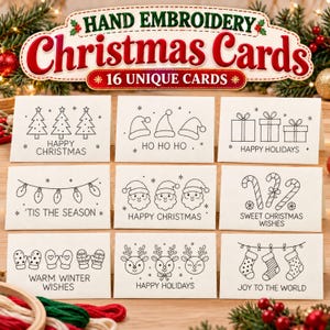 Peut inclure: Un ensemble de 16 cartes de Noël en papier blanc avec des motifs brodés à la main en noir représentant des sapins, bonnets de Père Noël, cadeaux, guirlandes, visages de Père Noël, sucres d'orge, moufles, rennes et chaussettes avec du texte.