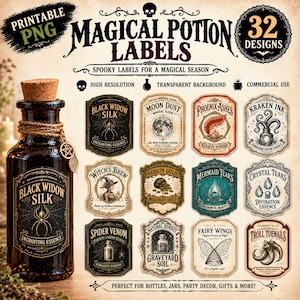 Może przedstawiać: Kolekcja 32 etykiet na mikstury do druku z typografią i ilustracjami w stylu vintage, w tym Black Widow Silk, Moon Dust i Phoenix Ashes. Przedstawiono ciemną szklaną butelkę z korkiem i etykietą Black Widow Silk.