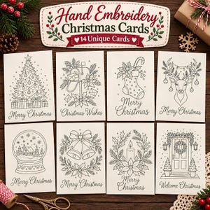 May include: A set of 14 hand embroidery Christmas cards featuring black line art designs on white paper. The cards display holiday motifs including a tree, mailbox, stocking, reindeer, snow globe, bells, candle, and door with the text Merry Christmas.